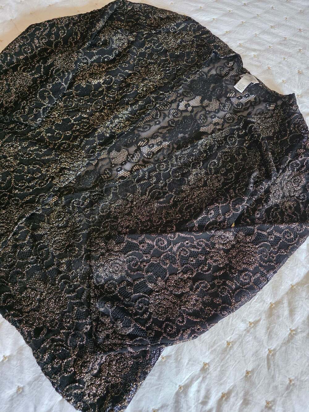 Chico's Black and Gold Metallic Lace Open Front Cardigan